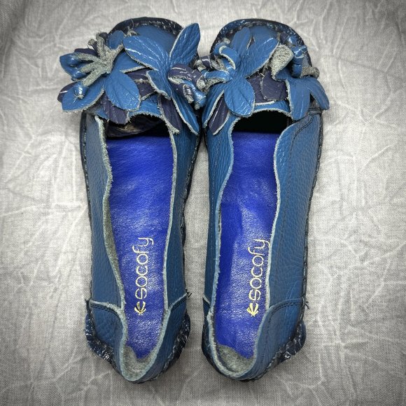 Socofy Handcrafted Blue Leather Flower Slip Ons 235 / US 6 - Picture 5 of 11